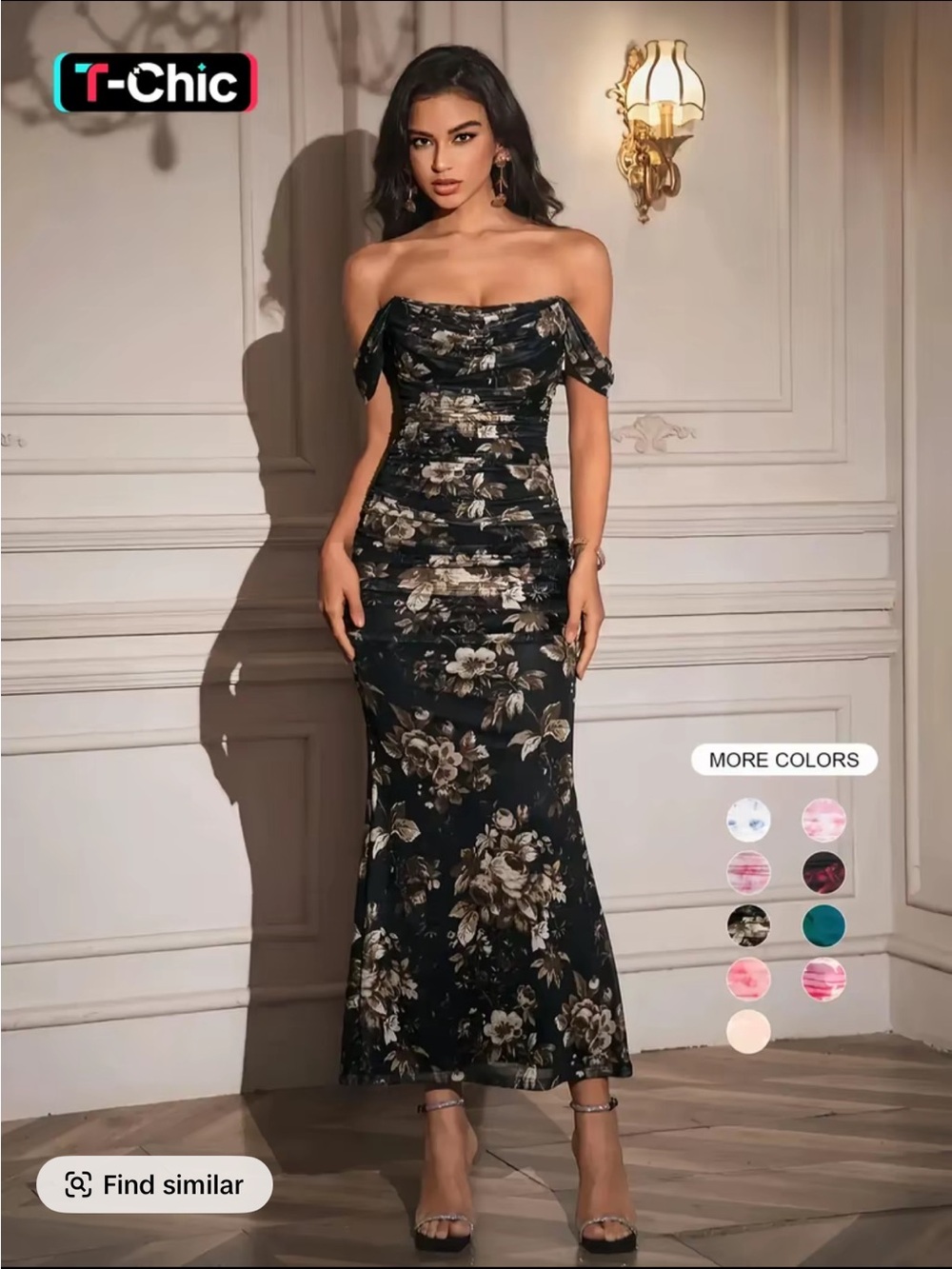 chic Black Floral Strapless Mermaid Dress